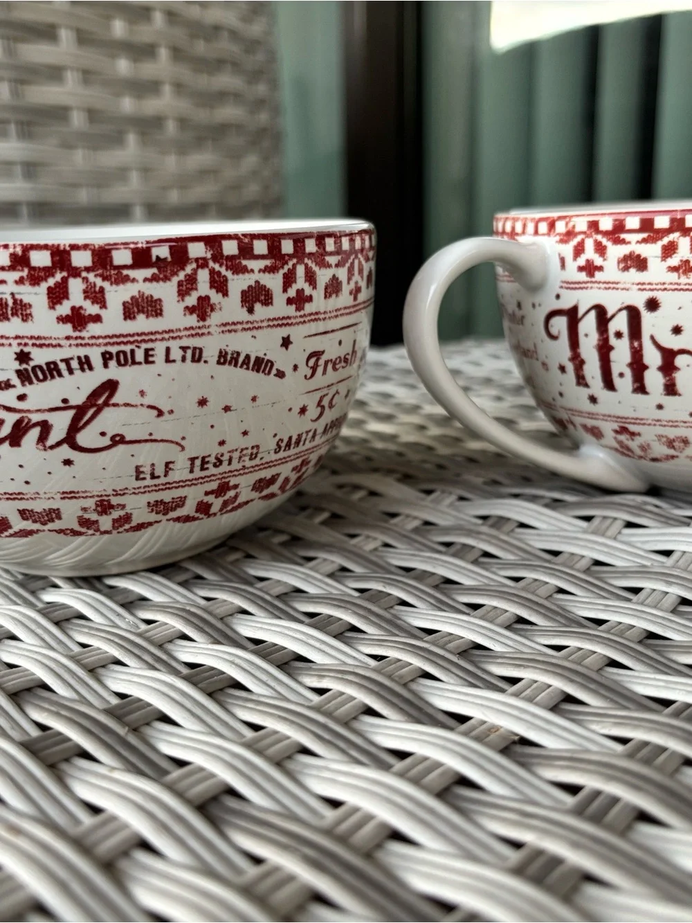 Pier 1 vintage Red and White 'Mrs. Claus' Holiday Ceramic Mugs set of 2